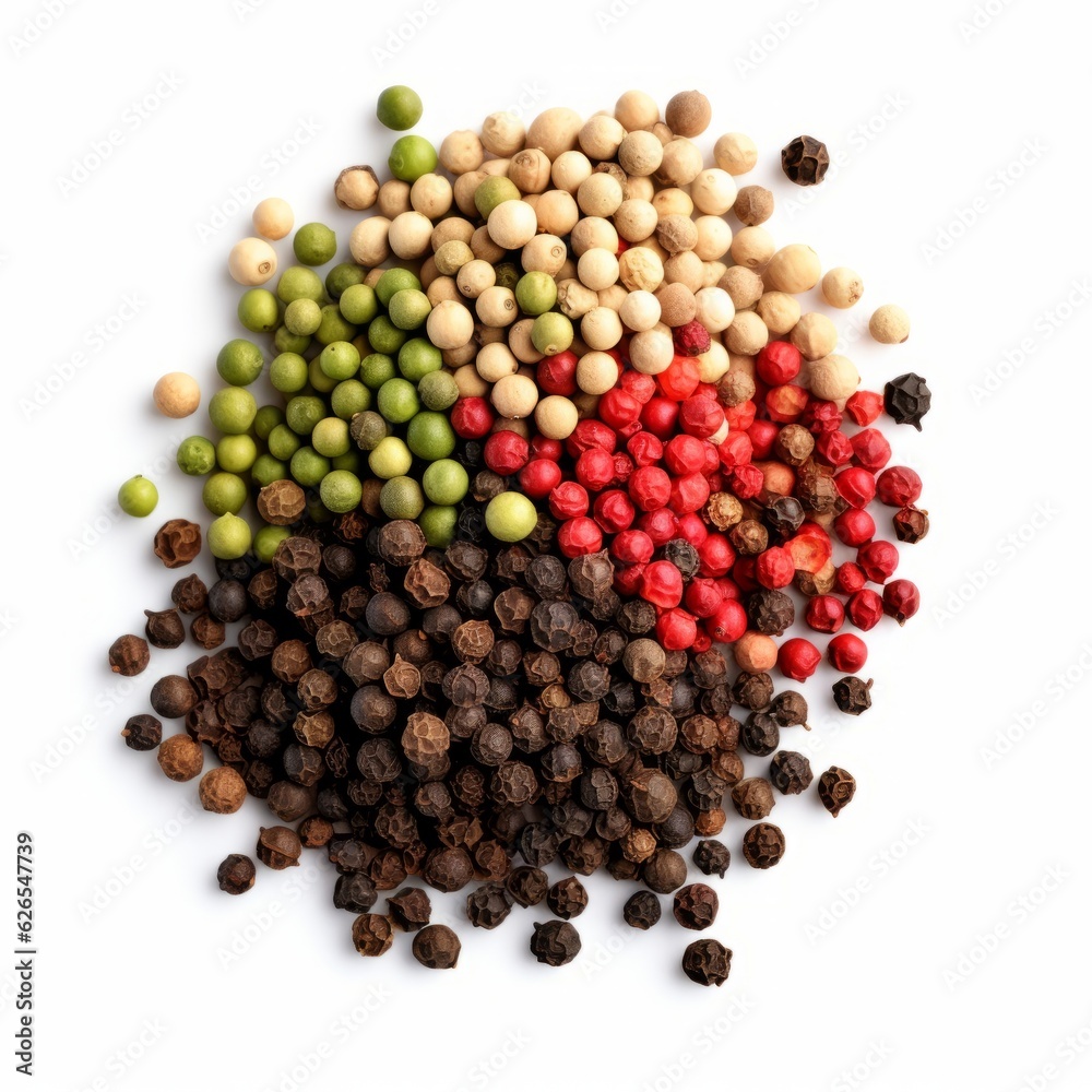 Black, red, green, white and allspice peppercorns isolated on white background Black, red, green, white and allspice peppercorns isolated on white background