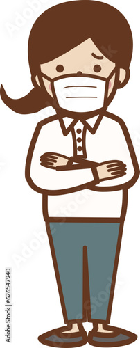 マスクをする困った顔の作業服の女性