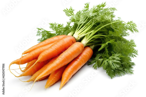 Embrace the delightful crunchiness and vibrant colors of this captivating image showcasing carrots with their greens still attached. Against a clean white backdrop, the bunch of carrots exudes the cha