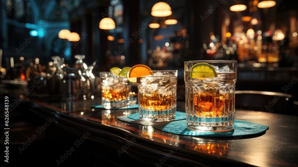 Cocktail with ice on bar counter in a restaurant, pub. Orange drink with juice. Fresh prepared alcoholic cooler beverage at nightclub. Showcases with bottles on dark background.AI Generative. Cocktail with ice on bar counter in a restaurant, pub. Orange drink with juice. Fresh prepared alcoholic cooler beverage at nightclub. Showcases with bottles on dark background.AI Generative.