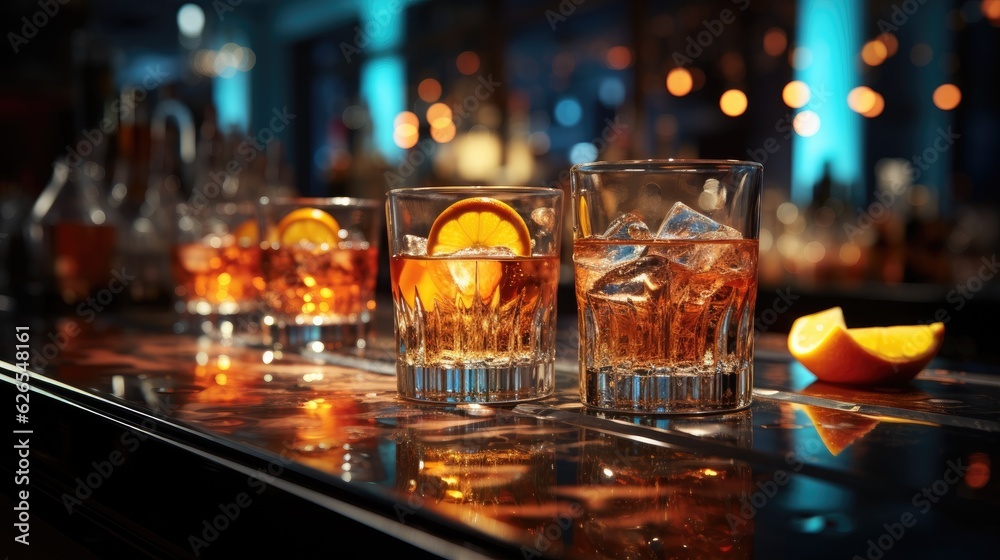 Cocktail with ice on bar counter in a restaurant, pub. Orange drink with juice. Fresh prepared alcoholic cooler beverage at nightclub. Showcases with bottles on dark background.AI Generative. Cocktail with ice on bar counter in a restaurant, pub. Orange drink with juice. Fresh prepared alcoholic cooler beverage at nightclub. Showcases with bottles on dark background.AI Generative.