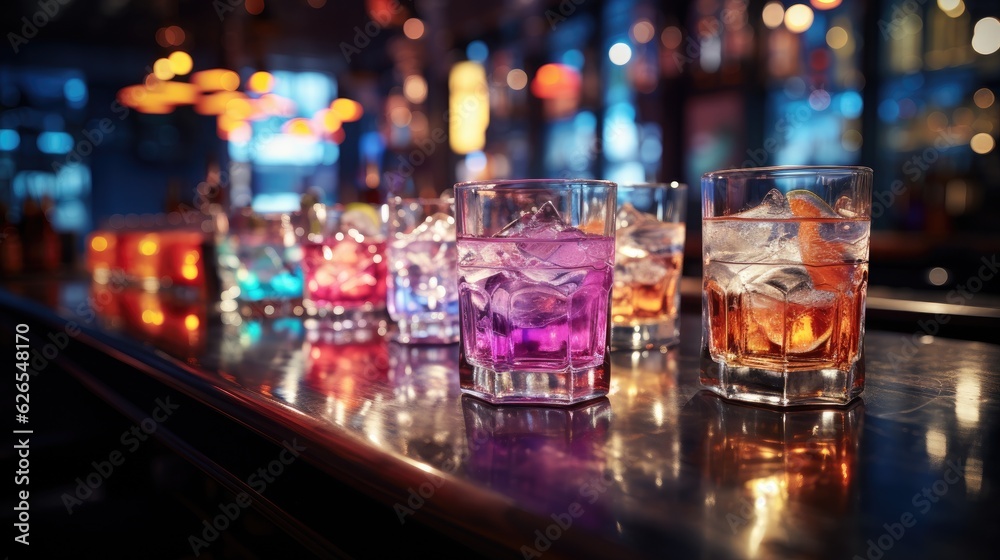 Cocktail with ice on bar counter in a restaurant, pub. Orange drink with juice. Fresh prepared alcoholic cooler beverage at nightclub. Showcases with bottles on dark background.AI Generative.