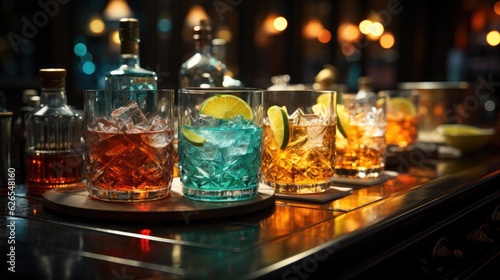 Cocktail with ice on bar counter in a restaurant  pub. Orange drink with juice. Fresh prepared alcoholic cooler beverage at nightclub. Showcases with bottles on dark background.AI Generative.