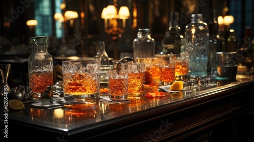 Cocktail with ice on bar counter in a restaurant  pub. Orange drink with juice. Fresh prepared alcoholic cooler beverage at nightclub. Showcases with bottles on dark background.AI Generative.