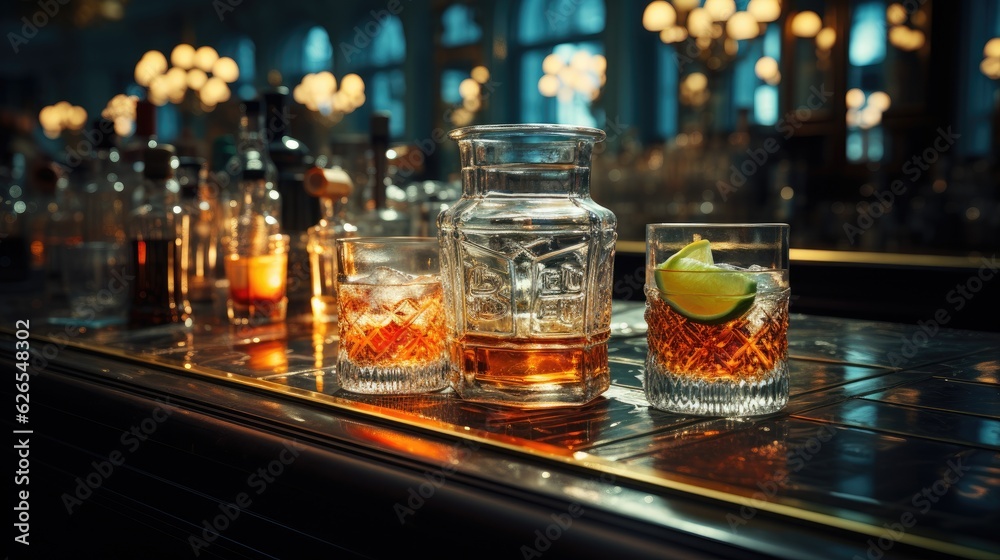 Cocktail with ice on bar counter in a restaurant, pub. Orange drink with juice. Fresh prepared alcoholic cooler beverage at nightclub. Showcases with bottles on dark background.AI Generative. Cocktail with ice on bar counter in a restaurant, pub. Orange drink with juice. Fresh prepared alcoholic cooler beverage at nightclub. Showcases with bottles on dark background.AI Generative.