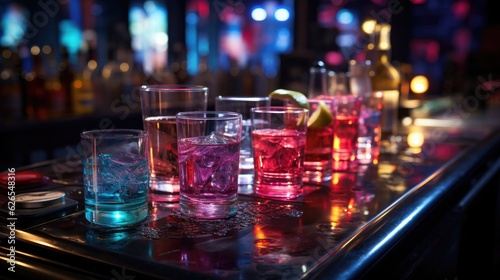 Cocktail with ice on bar counter in a restaurant, pub. Orange drink with juice. Fresh prepared alcoholic cooler beverage at nightclub. Showcases with bottles on dark background.AI Generative.