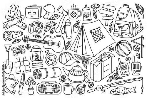 Camping line art illustration set. Collection of camping doodle illustrations with black thin line. Summer holydays, vacation, travel, picnic, tour drawings, line art vector design elements.