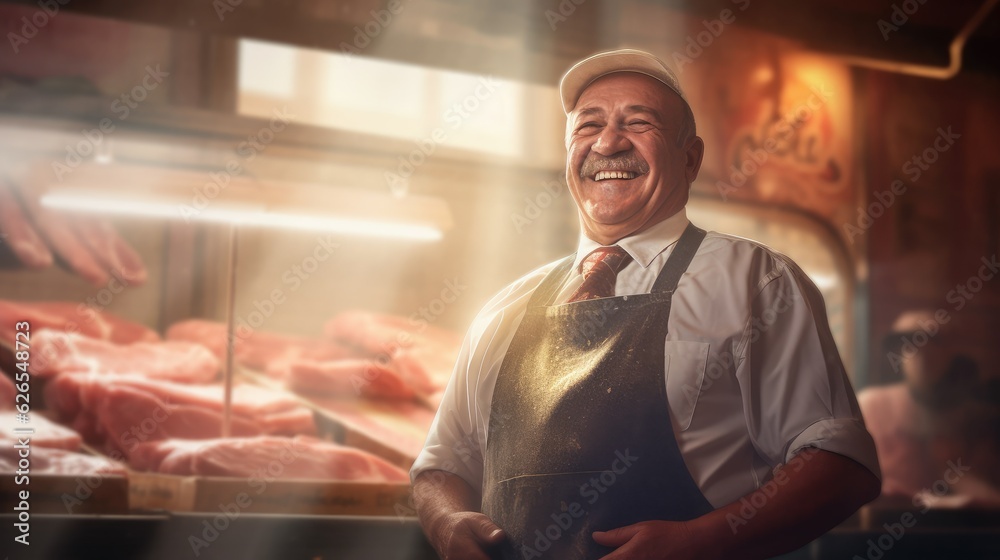 Smiling butcher sales fresh beef meat in store sunlight background