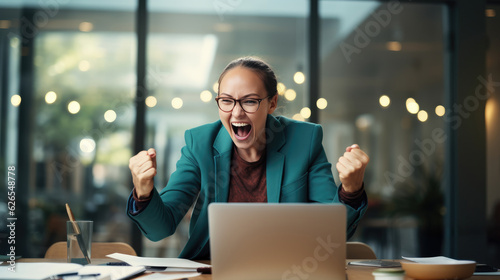 Excited woman celebrate with laptop, success happy pose., standing at office. AI Generative.