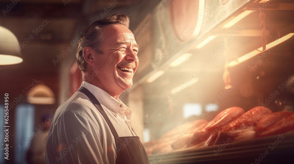 Smiling butcher sales fresh beef meat in store sunlight background, happy successful meat dealer offers customers an assortment of meat in butcher store, beef meat supplies discounts, generative AI