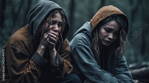 Two upset lost girls in wet gloomy forest, lonely crying women lost in woods after long grueling hike, sad tired female tourists sitting in dense forest and frustrating, solo tourism, generative AI