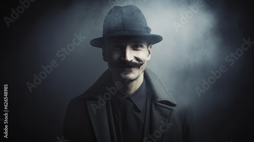 Mustachioed adult man portrait wearing brim hat and coat dense fog overcast weather, attractive male private detective outdoor portrait of kind gentleman among dense mist, generative AI