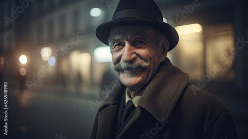 Old mustachioed man portrait wearing brim hat and coat on night street lights at overcast weather, attractive elderly male private detective outdoor street portrait of old gentleman, generative AI photo