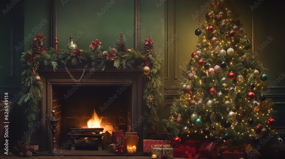 Fireplace with Christmas tree, red and gold Christmas decorations with baubles and candles, gifts, room in castle design, noble green wood paneling with decorations; Generative AI Fireplace with Christmas tree, red and gold Christmas decorations with baubles and candles, gifts, room in castle design, noble green wood paneling with decorations; Generative AI