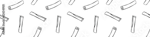 Vector seamless pattern of contour cinnamon stick in doodle style. Background or texture with seasoning, spice, ingredient for baking, hot drinks, aromatherapy, cooking