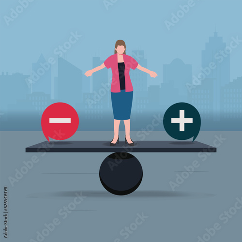 Businesswoman trying to balance between positive and negative speech bubble design vector illustration