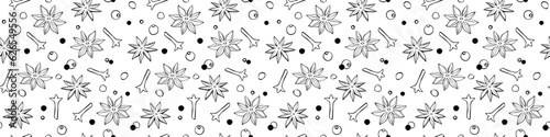 Vector seamless pattern of star anise, carnation, pepper in doodle style. Background or texture of seasonings, food additive, spices