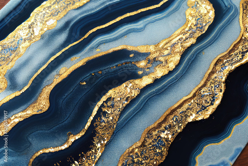 Blue and golden acrylic liquid ink swirl abstract background with ravishing turbulence wavy pattern and detailed texture. Luxury fluid liquid art by Generative AI.