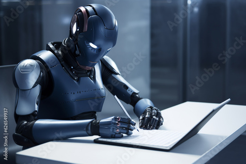 Ai smart robot copywriter writing on a paper. Humanoid assistant at work, training. Robot hiring. Ai generated