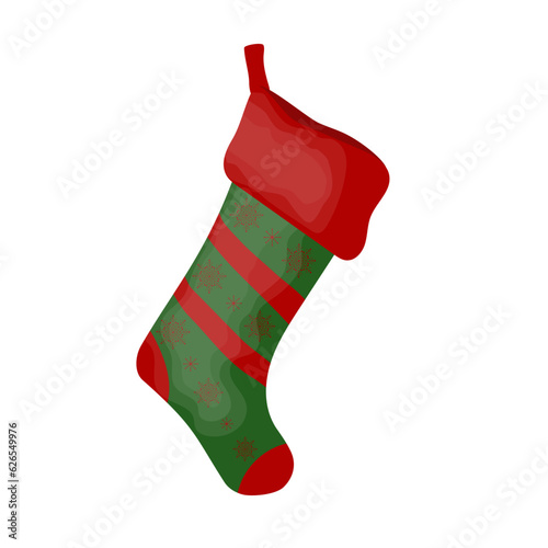 Christmas green sock icon with red stripes and snowflakes isolated on transparent and white background. Christmas element for holiday design. Festive vector illustration in cartoon flat style.