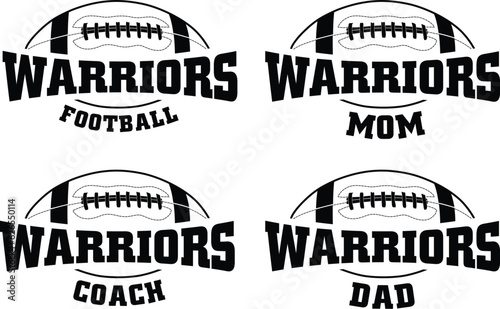Football - Warriors is a sports team design that includes text with the team name and a football graphic. Great for Warriors t-shirts, mugs, advertising and promotions for teams or schools.