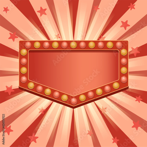 Shining frame with light bulbs on retro background with sunbeams. Abstract retro light banner.