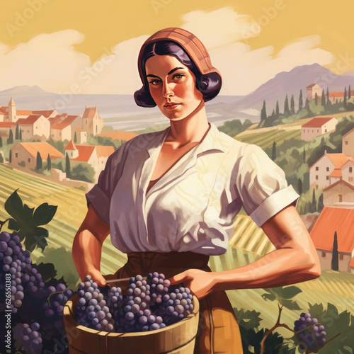 Pin-up girl picking grapes in a rural hilly landscape
