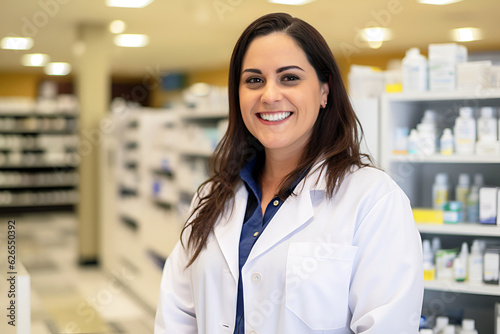 Portrait of a Female Pharmacy Technician in a Drugstore, Women Pharmacist Day: AI Generated photo