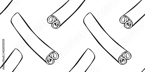 Vector seamless pattern of contour cinnamon stick in doodle style. Background or texture with seasoning, spice, ingredient for baking, hot drinks, aromatherapy, cooking