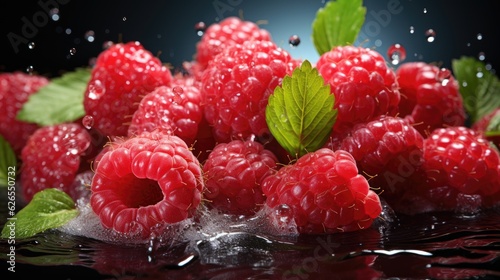 Juicy ripe raspberries, ripe raspberries. Splash of raspberries. Raspberry tea, jam, cocktail, juice.
Juicy raspberries in water splashes creative. Juicy berries and fruits. Water drops. Generative ai