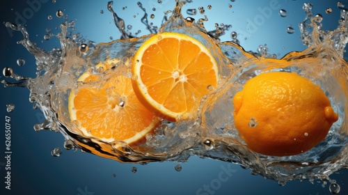 Juicy orange. A splash of refreshing orange. Slices of oranges in splashes of water. Juicy citrus fruits creative vector illustration. Juicy fruits  orange juice. Water drops. Generative ai.