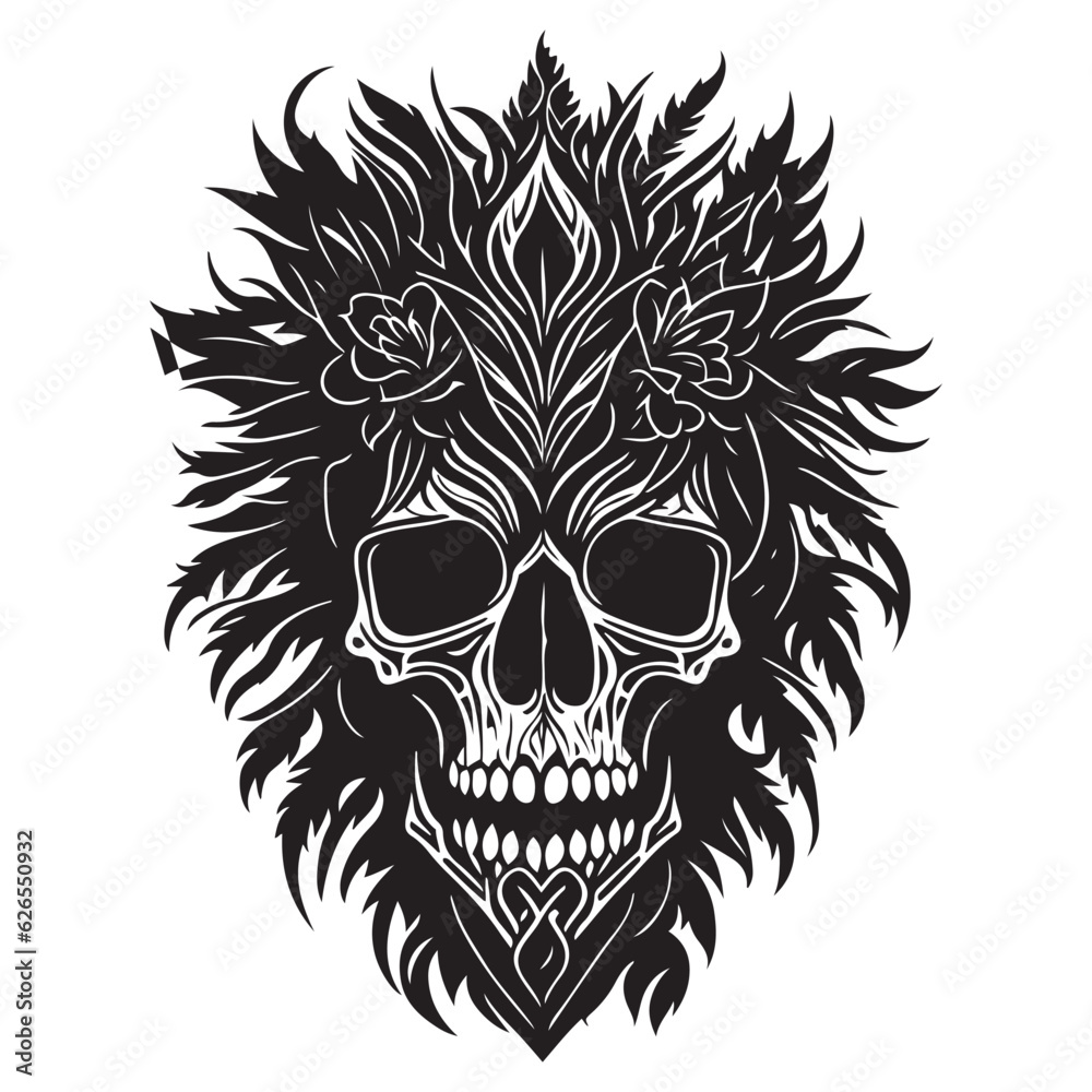 Obraz premium Decorative tribal skull with floral design black outline vector on white background
