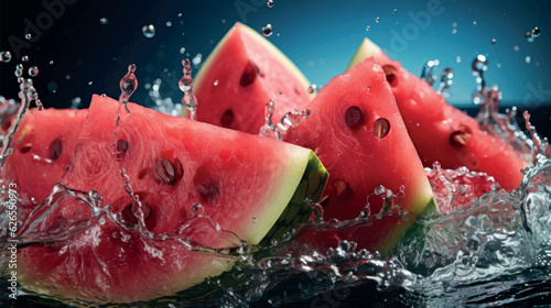 Juicy watermelon. Watermelon splash. Ripe watermelon in splashes of water. Juicy fruit watermelon creative vector illustration. Juicy fruits and juice. Water drops.
