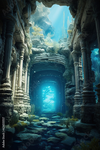 Ancient underwater city ocean scene generative ai