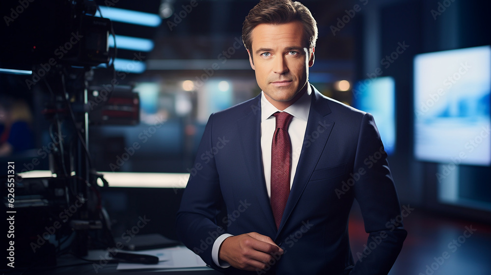 Portrait of attractive anchorman presenting the latest news in the TV studio. Male newsreader reporting live in the television. Generative AI.