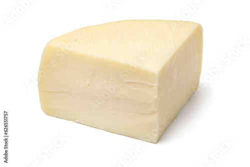 Piece of artisanal of semi soft Italian Bel Paese cheese isolated on white background close up