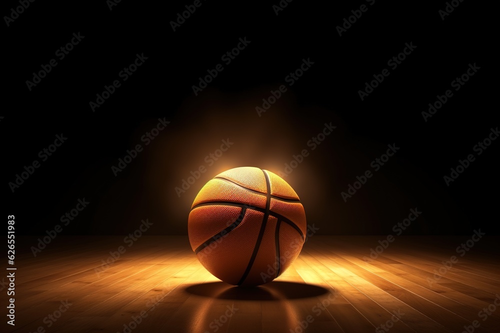 Basketball orange ball on wooden floor of dark sports ground, illuminated by spotlight