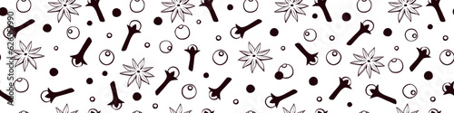 Vector seamless pattern of star anise, carnation, pepper in doodle style. Background or texture of seasonings, food additive, spices