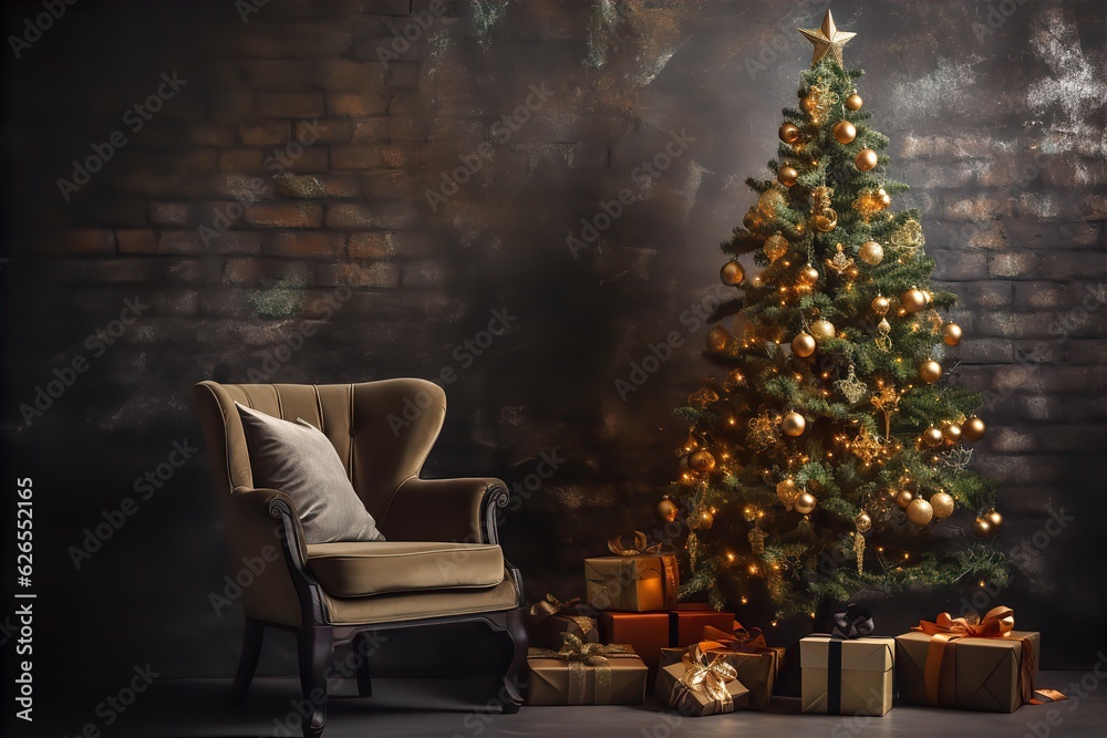 Christmas room interior of the loft. Gifts, candles and warm lighting inside. An armchair with a table near a Christmas tree with gifts, modern design; Generative AI Christmas room interior of the loft. Gifts, candles and warm lighting inside. An armchair with a table near a Christmas tree with gifts, modern design; Generative AI