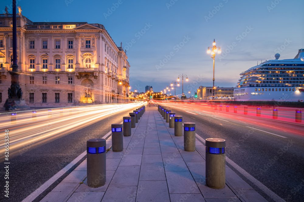 Trieste, Italy at Night, on the left the so called Piazza Unità d'Italia, on the right sight the harbour of Trieste - Long exposure