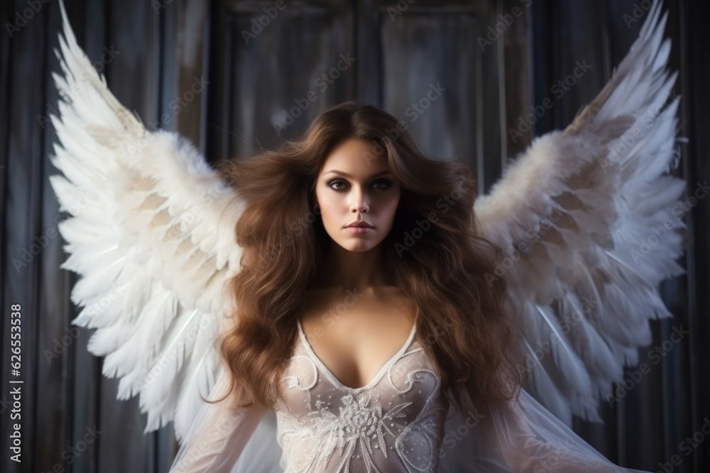Obraz premium Marvelous and gorgeous woman angel with massive wings dress