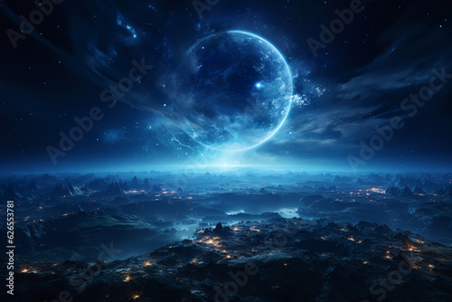 Blue space background with Earth behind it in stealth style, dark blue. AI generative