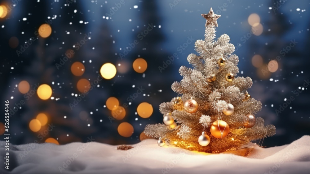 Christmas Tree on Blurred Shiny Lights at snow top of blur mountain background. Christmas Eve concept. Christmas Tree on Blurred Shiny Lights at snow top of blur mountain background. Christmas Eve concept.
