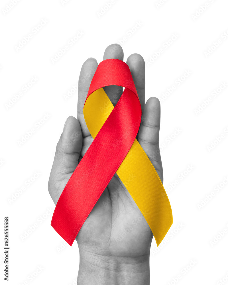 Φωτογραφία World hepatitis day and HIV/ HCV co-infection awareness with red yellow ribbon symbolic color to support patient with illness and Hepatic C disease