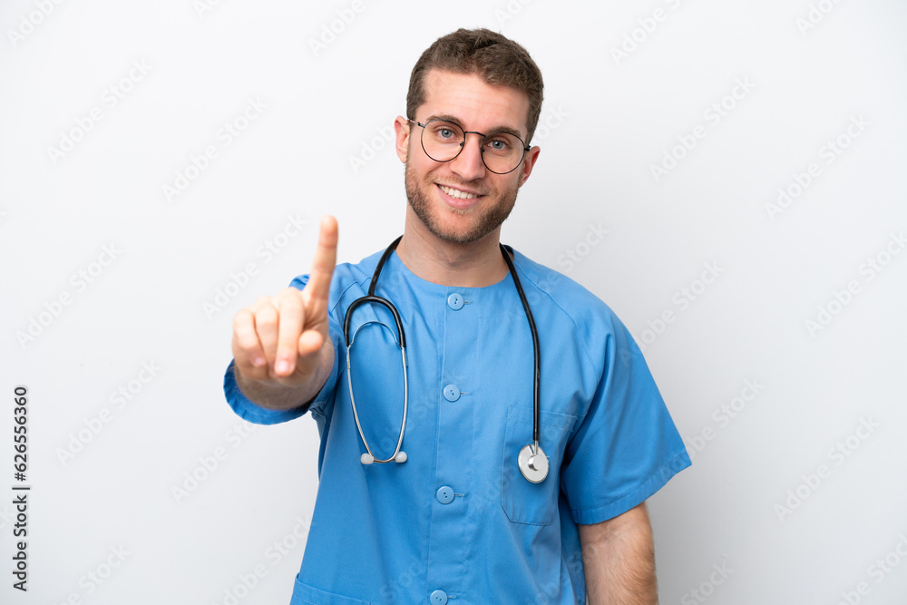 Young surgeon doctor caucasian man isolated on white background showing and lifting a finger Young surgeon doctor caucasian man isolated on white background showing and lifting a finger