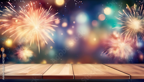 Colorful fireworks display over empty wood table with copy space