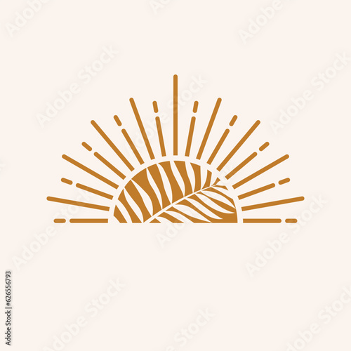 Tropical sun and leves natural logo design. Bohemian style icon.