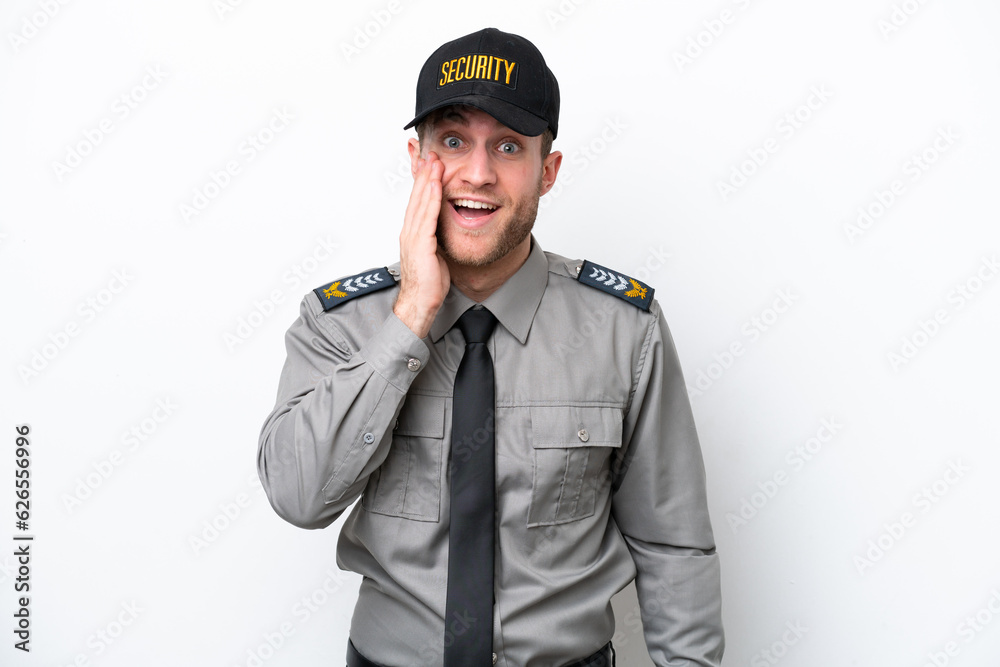 Young safeguard caucasian man isolated on white background with surprise and shocked facial expression Young safeguard caucasian man isolated on white background with surprise and shocked facial expression