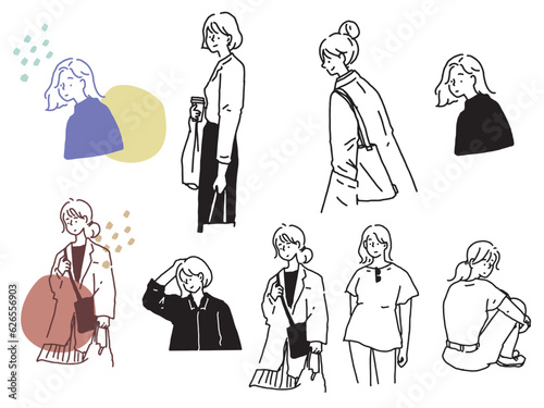 白黒、モノトーン、線画のイラスト(手書き、オシャレ、雑誌、ファッション、可愛い、女の子、人物)
Illustrations in black and white, monotone, and line drawings.Handwriting, fashion, magazines, fashion, cute, girls and people.