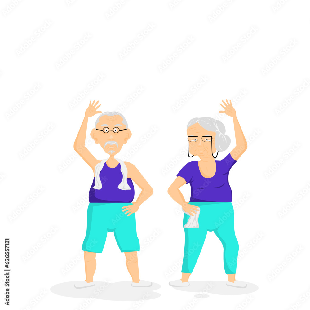 Cartoon Elderly people are exercising.Old couple are wearing sport workout.Active healthy workout aged man.Grandparents making morning exercises. Vector illustration isolated flat on white background. Cartoon Elderly people are exercising.Old couple are wearing sport workout.Active healthy workout aged man.Grandparents making morning exercises. Vector illustration isolated flat on white background.